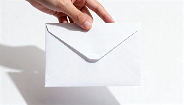 Close-up of a person's hand gently holding a clean, blank white paper envelope with a subtle shadow, against a bright, minimalist background, perfect for displaying custom messages, invitations, mail