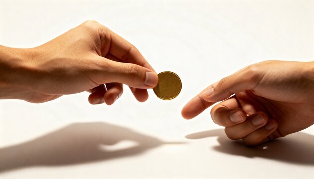 Close-up of two hands engaging in a financial transaction, one hand giving a shiny golden coin to another, symbolizing money exchange, payment, charity, investment, or economic concepts on a clean whi