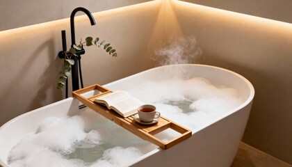 Modern white bathtub with warm bubbly water and rising steam, a bamboo bath caddy holding an open book and steaming tea, elegant black faucet, and soft ambient lighting in a tranquil contemporary bath