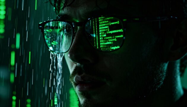 Intense close-up of a serious man wearing glasses with glowing green digital code and data streams reflected on his lenses, immersed in a futuristic cybersecurity or programming concept with falling r - Powered by Adobe