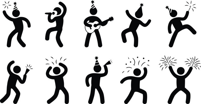 Set of ten black stick figures celebrating a party with hats and various festive activities