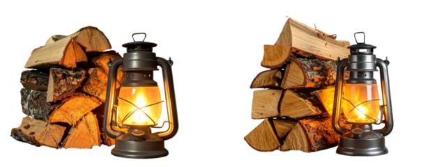 Firewood Stack and Lantern Bundle, isolated on transparent background