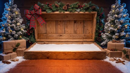 Festive Christmas Display with Open Wooden Crate of Snow, Frosted Pine Trees, Wrapped Gifts, and Cozy Lights, Perfect for Copy Space