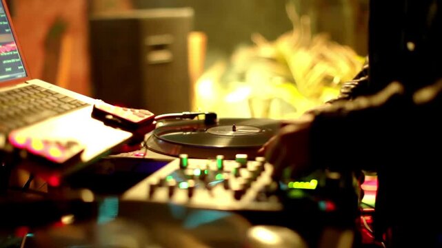 dj mixer controller, composing mix and rocking the party in a nightclub nightlife concept 4k footage