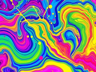 Fototapeta premium Vibrant psychedelic swirl art design features a mesmerizing blend of neon rainbow colors creating a captivating and abstract liquid marble pattern effect in motion.