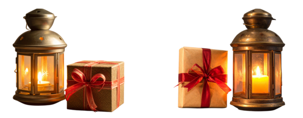 Glowing Lantern and Gift Box Set, isolated on transparent background