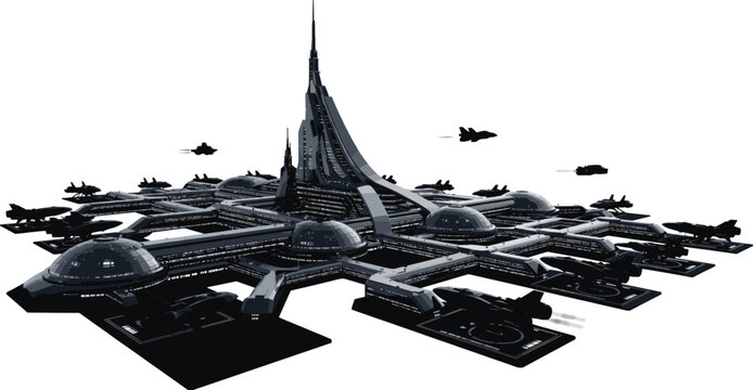 Futuristic space station silhouette with aircraft, dome buildings, central tower, sci-fi architecture, strategic base design, and advanced technology theme