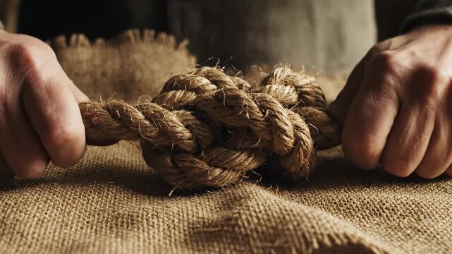 Close up of a rope knot on burlap fabric showing texture and strength