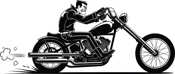 Motorcycle rider silhouette speeding on chopper bike with intense expression, bold lines, motion trails, and rebellious vintage biker style © anisur-creatives