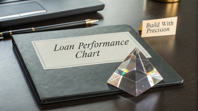 Professional Loan Performance Chart Presentation with Crystal Pyramid on Office Desk for Financial Analysis and Reporting
