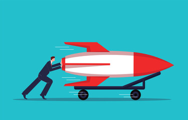 Starting a business, launching a new business or a new idea, businessmen push the rocket on their carts and move forward rapidly