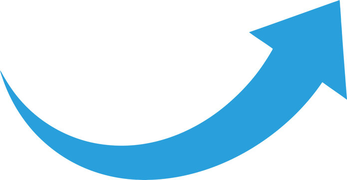 Blue upward-curving arrow symbolizing growth and progress with a transparent background in a simple minimalist style suitable for business and