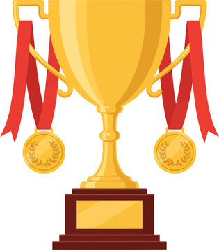 Elegant award trophy with medals and ribbon decorations on a sleek pedestal with a dark background for recognition and celebration of achievement