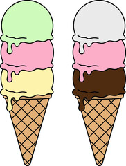 Two colorful ice cream cones with three scoops each featuring pastel shades on a black background emphasizing variety and texture in frozen desserts