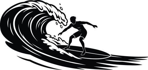 Silhouette surfer riding giant wave in ocean, extreme sport adventure, black and white vector for beach, summer, and action themes