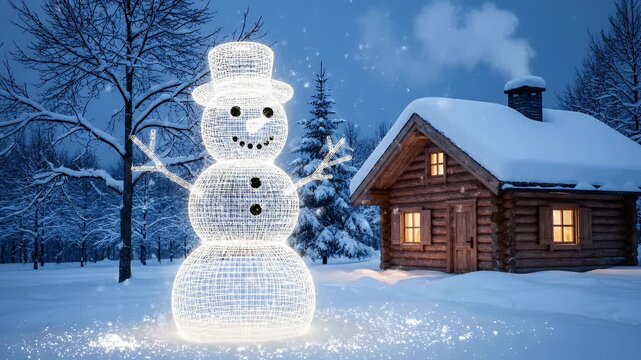 Illuminated Snowman Stands Guard Beside Cozy Log Cabin in Snowy Forest at Dusk