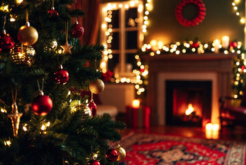 A festively decorated Christmas tree creates a warm and cozy atmosphere next to a blazing fireplace.