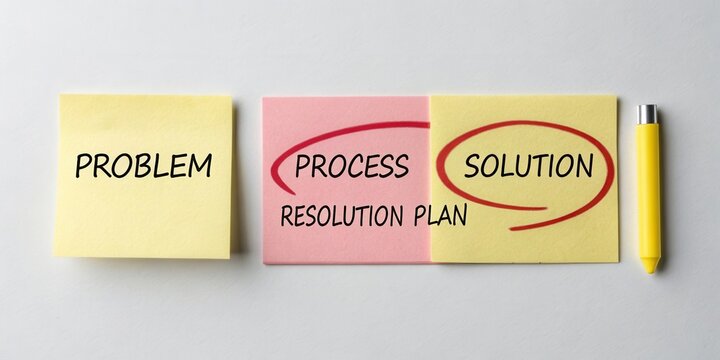 Visual representation of problem, process, and solution framework using sticky notes and a pen on a light background