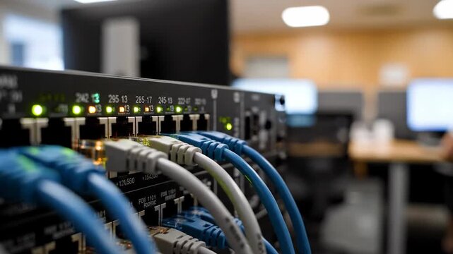 Network server rack equipment connected with various cables close up view