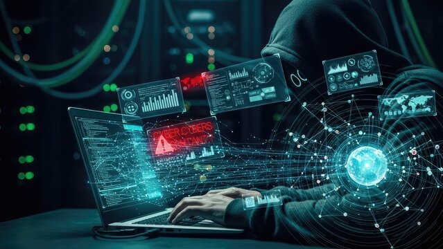 Computer virus concept with glowing fiber optics over digital circuit hardware