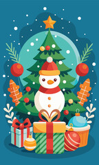 Joyful Christmas scene featuring festive tree, adorable snowman, and cheerful gifts that evoke holiday spirit and winter wonderland charm for seasonal greetings