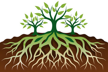 tree with roots, roots in soil ,illustration outline isolated on white background
