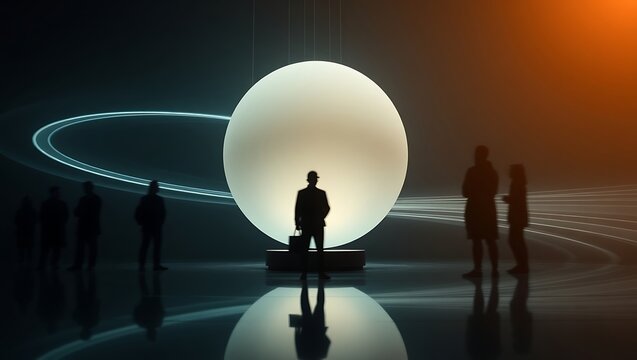 Generative AI Future tech observer before glowing data planet ringed display, analyzing complex