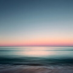 A serene ocean horizon with smooth water and a pastel sky, creating a quiet and infinite space