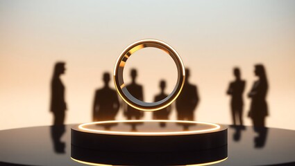 Generative AI: Golden ring symbol of futuristic technology presented to observing silhouettes. A