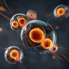 A detailed 3D scientific illustration of cell division, showing the mitosis process with chromosomes, spindle fibers, and dividing cells.