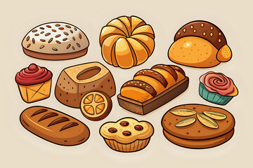 set of sliced bread loaf, ,illustration outline isolated on white background