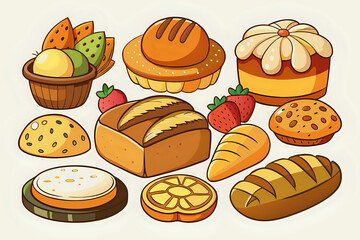 set of cakes, set of sliced bread loaf, ,illustration outline isolated on white background