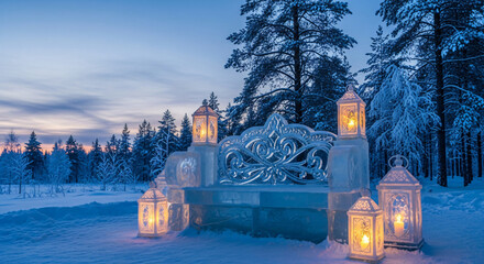 Ice and snow sculptures with glowing lanterns in winter landscape  