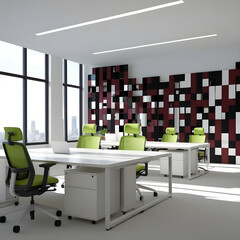 Modern Minimalist Open-Plan Office with Geometric Partition and City View