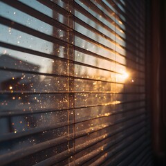 Gentle sunlight streams through window blinds, illuminating sparkling dust particles and creating a peaceful home atmosphere.