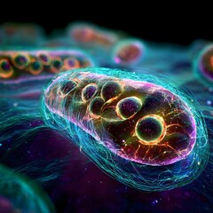 A vibrant 3D illustration of human cell energy with glowing mitochondria, highlighting the cell’s powerhouses and metabolic activity.
