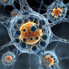 A highly detailed 3D illustration of a human cell structure, showing organelles, membranes, and intricate cellular components in realistic scientific visualization.