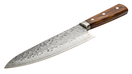 a hand-forged chef&rsquo;s knife with wooden handle isolated on white
