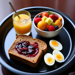 Fresh Breakfast Tray with Brown Bread, Strawberry Jam, Boiled Eggs, Mixed Fruits & Orange Juice