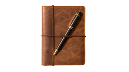 a vintage leather journal closed with elastic band and a pen resting on top