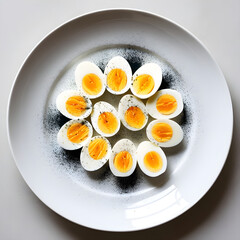 Boiled Egg Slices on White Plate with Black Pepper Powder Food Styling