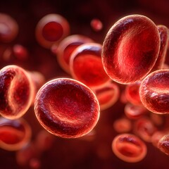 A 3D rendered illustration of red blood cells flowing through a vein, showing dynamic motion and realistic cellular detail.