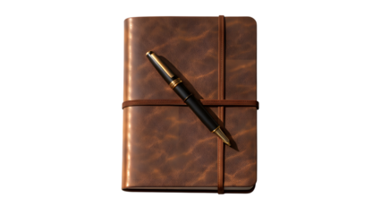a vintage leather journal closed with elastic band and a pen resting on top