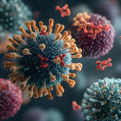 A high-detail digital illustration of virus and antibody interaction, showing antibodies attaching to viral particles in a dynamic cellular environment.