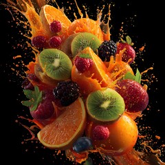 A vibrant collage of vitamin-rich fruits including oranges, kiwis, and assorted berries arranged in a dynamic and energetic composition. Splashes of colorful juice add motion and freshness.