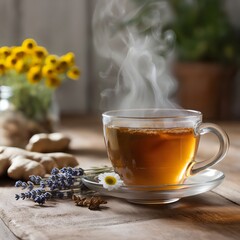 A warm cup of herbal tea with chamomile, lavender, and ginger, with soft steam rising into the air.