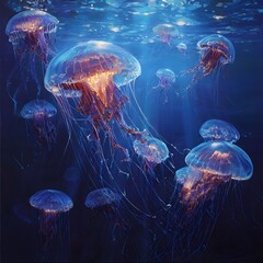 A vivid underwater scene featuring a group of glowing jellyfish drifting gracefully through deep blue ocean water. Their translucent bodies illuminate with warm orange and golden light.