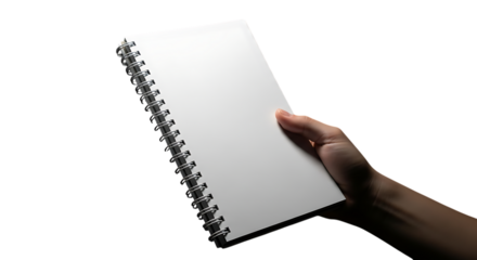 Hand holding a blank spiral-bound notebook with a pink tab for notes and ideas