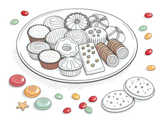 sweets plate ,illustration outline isolated on white background