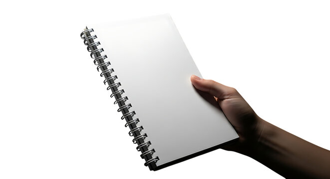 Hand holding a blank spiral-bound notebook with a pink tab for notes and ideas